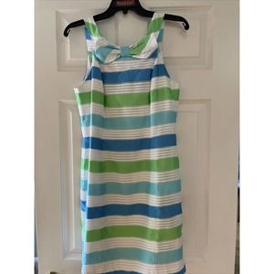 LILLY PULITZER SZ 4 ORGANZA STRIPE BOW DRESS BLUE GREEN WHITE lined zip EUC